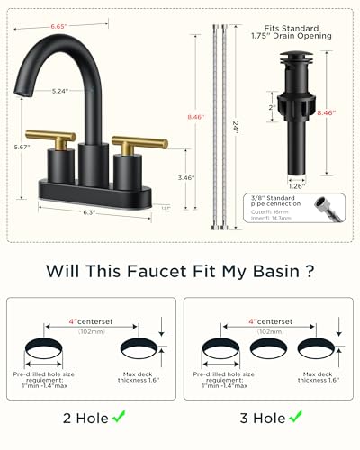 Bathroom Sink Faucet 3 Hole Black and Gold 4 Inch Centerset