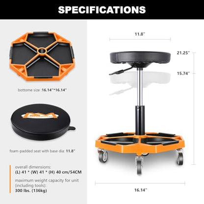Adjustable Height Pneumatic Garage Seat Rolling Mechanic Stool with Tool Tray Storage
