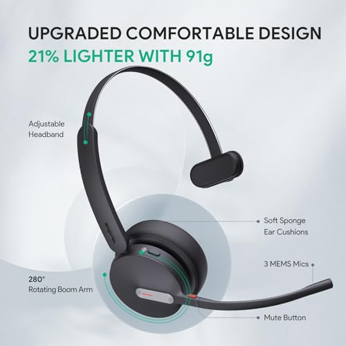 BH70 Mono Bluetooth Teams Headset with AI Mic for Work from Home PC