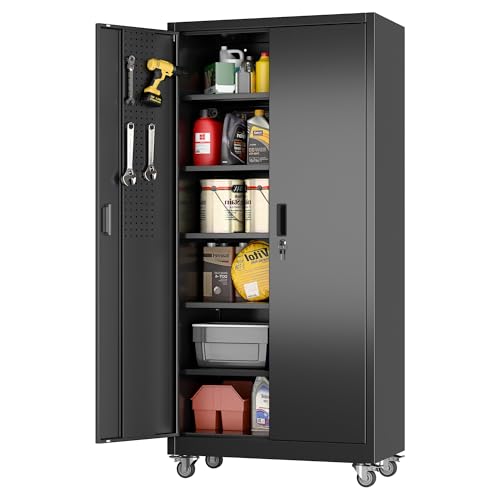 Black Metal Garage Storage Cabinet with Wheels