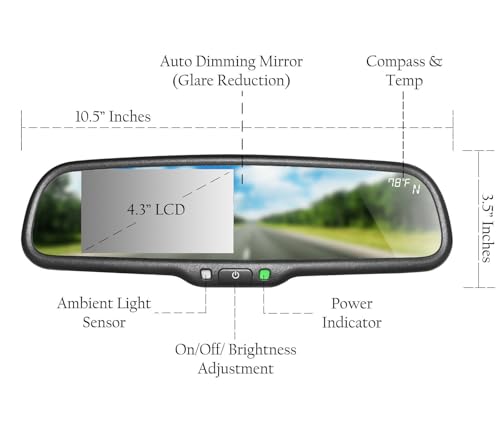 10.5" OEM Rear View Mirror with 4.3" LCD Screen + Dimming + Compass & Temperature