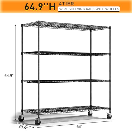 4 Tier Metal Storage Shelves 65''H Wire Shelving with Wheels for Storage Adjustable Heavy Duty Garage Shelving Storage Racks for Pantry Shelves Kitchen Office Garage