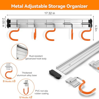 69'' Aluminum Alloy Garden Tool Organizer Wall Mount Garage Organizers and Storage with Hooks Tool Hangers for Shed Hooks for Shovel