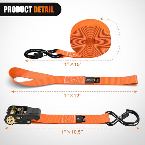 Ratchet Tie Down Straps 4500LBS Break Strength 1”×15’ Orange 4 Pack