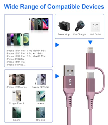 USB to USB C and Lightning Pink Car Charger Cable