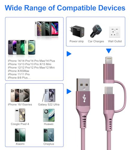 USB to USB C and Lightning Pink Car Charger Cable