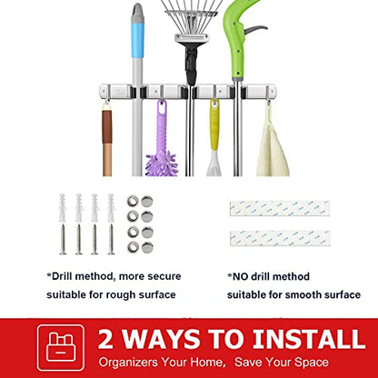 2 Pack Broom Holder Wall Mount Stainless Steel Mop Organizer (2 Count)