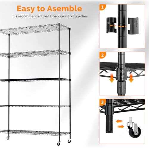 5 Tier Metal Storage Shelves 73''H Wire Shelving with Wheels for Storage Adjustable Heavy Duty Garage Shelving Storage Racks for Pantry Shelves Kitchen Office Garage
