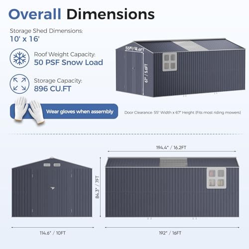 10x16 FT Metal Storage Shed with Reinforced Frame
