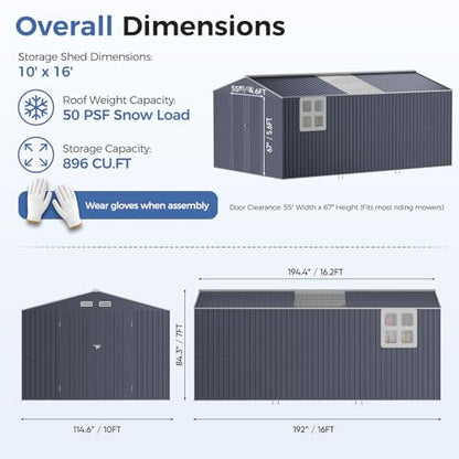 10x16 FT Metal Storage Shed with Reinforced Frame