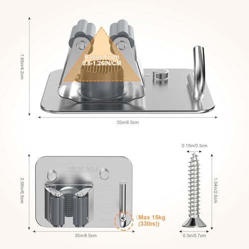 4 Pack Stainless Steel Heavy Duty Broom Holder Wall Mount with Hook (4 Count)