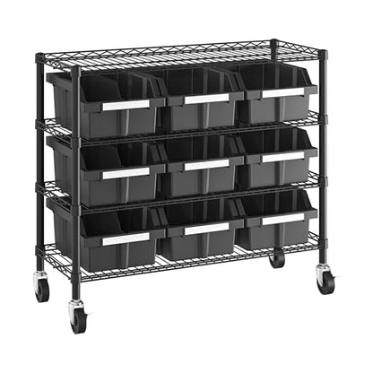 4-Tier NSF 9-Bin Steel Wire Shelving Rack, 36"W x 14"D x 31"H, Graphite
