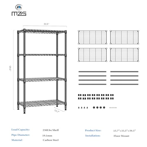 1000 lbs 4 Tier Shelf Metal Storage Shelves Shelving Wire Rack Heavy Duty Closet Organizers for Garage Kitchen Bathroom Laundry Black 15.7" D x 33.5" W x 59.5" H (4 Count)