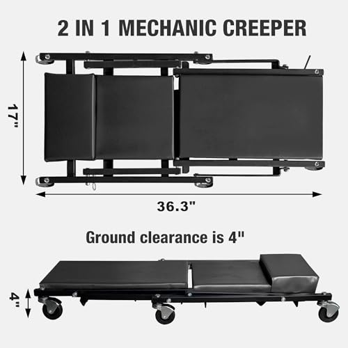2-in-1 Foldable Garage Shop Creeper, 36" Black, 300 lbs Capacity, 6 Wheels, ATR6505B