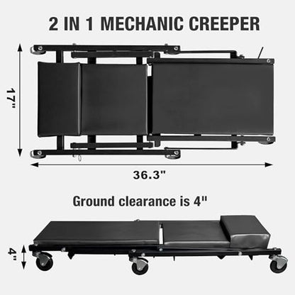 2-in-1 Foldable Garage Shop Creeper, 36" Black, 300 lbs Capacity, 6 Wheels, ATR6505B