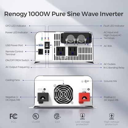 Inverter PUH 1000W Pure Sine Wave Power Inverter with UPS Transfer Switch & Bluetooth