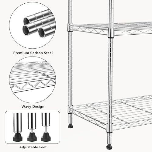 1000 lbs 4Tier Shelf Metal Storage Shelves Wire Rack Closet Organizers with Wheel for Garage Kitchen Bathroom Laundry Chrome 13.7" D x 23.6" W x 53.4" H (4 Count)