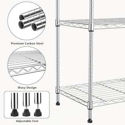 1000 lbs 4Tier Shelf Metal Storage Shelves Wire Rack Closet Organizers with Wheel for Garage Kitchen Bathroom Laundry Chrome 13.7" D x 23.6" W x 53.4" H (4 Count)