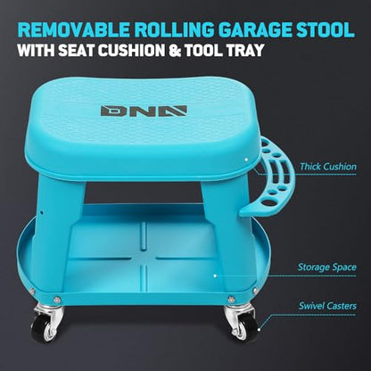 Removable Rolling Garage Stool with Seat Cushion & Tool Tray Plate