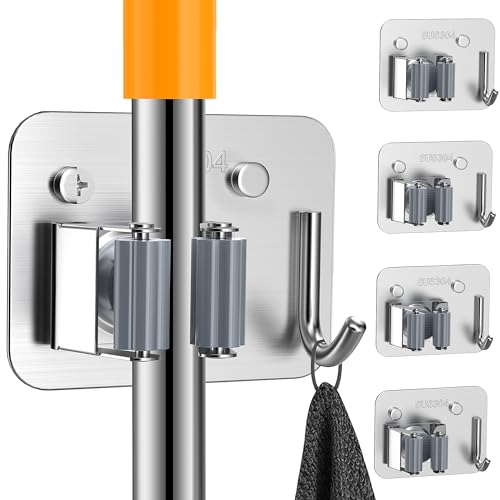 4 Pack Stainless Steel Heavy Duty Broom Holder Wall Mount with Hook (4 Count)