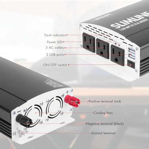 EL3722 1500W Slim Line AC to DC Power Inverter 1500W TrueRated Continuous 3000W Surge Power DC 12V to AC 110V Power Inverter with 2 AC Outlets and 2A USB Charging Port