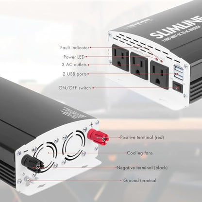EL3722 1500W Slim Line AC to DC Power Inverter 1500W TrueRated Continuous 3000W Surge Power DC 12V to AC 110V Power Inverter with 2 AC Outlets and 2A USB Charging Port