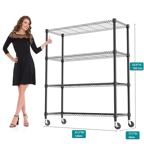 1400LBS 47.2" W 4 Tiers Storage Shelves Metal Shelving Unit with Wheels Heavy Duty Garage Shelving Adjustable Wire Shelves for Pantry