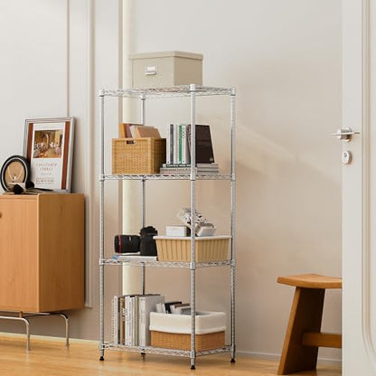 1000 lbs 4Tier Shelf Metal Storage Shelves Wire Rack Closet Organizers with Wheel for Garage Kitchen Bathroom Laundry Chrome 13.7" D x 23.6" W x 53.4" H (4 Count)