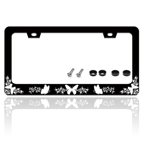 Black White Butterfly License Plate Frame Stainless Steel 6.3 X 12.2 Inch