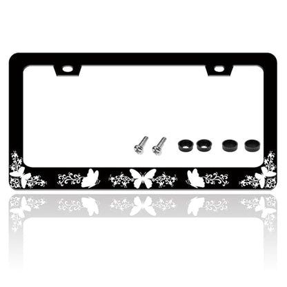 Black White Butterfly License Plate Frame Stainless Steel 6.3 X 12.2 Inch