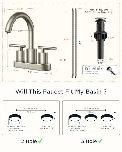Bathroom Sink Faucet 3 Hole Brushed Nickel 4 Inch Centerset