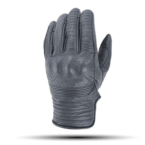 Leather Motorcycle Gloves for Men with Light Tricot Inner Lining Bike Riding Gloves with Fingers and Knuckle Padding with Adjustable Magic Tape Fastener