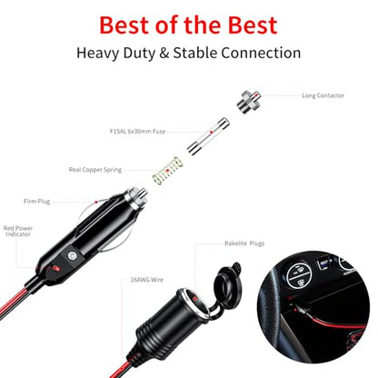 12 24V 20FT 16AWG Heavy Duty Car Cigarette Lighter Extension Cord