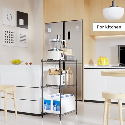 3 Tiers Shelf Metal Storage Shelves Wire Rack Closet Organizers with Wheel for Garage Kitchen Bathroom Laundry Black 11.8" D x 17.7" W x 28.8" H (3 Count)