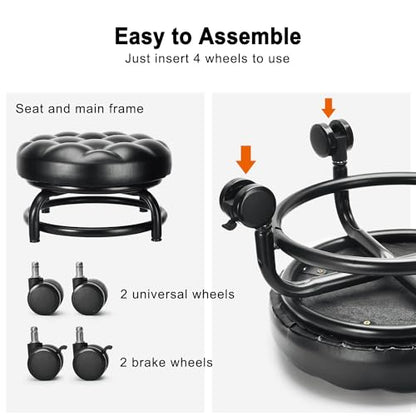 Low Height Rolling Stool Roller Stool PU Leather Comfortable Seat 360°Swivel Rotating
