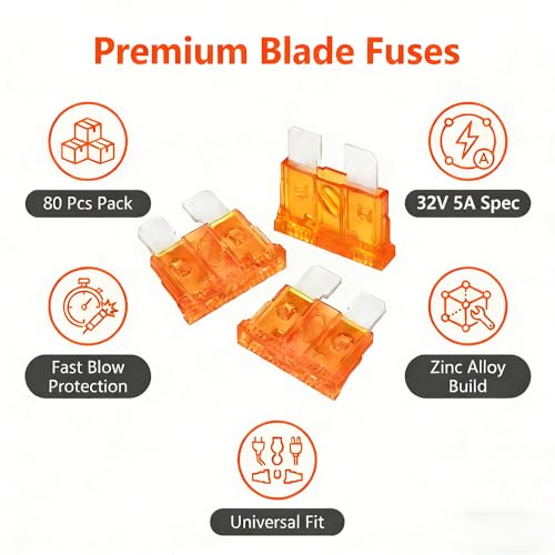 80Pcs) 5 Amp Standard Fuse, 5A Car Blade Fuses for Car/RV/Truck/SUV/Motorcycle/Boat (80 Count)