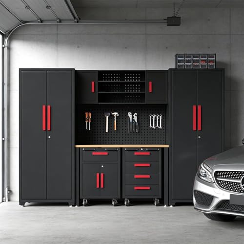 8 Piece Garage Cabinet Storage System with Workbench & Pegboard