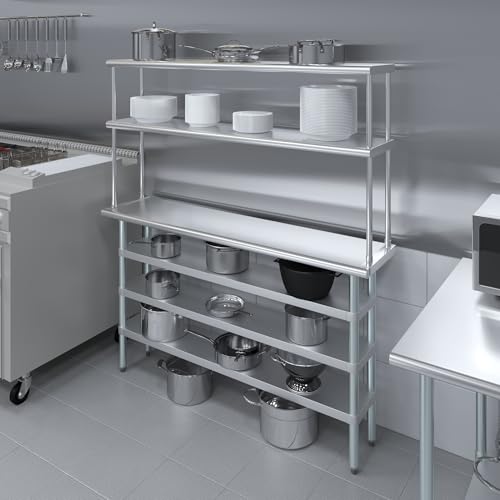 14" x 60" Stainless Steel Work Table with 3 Shelves and 12" Wide Double Tier Overshelf