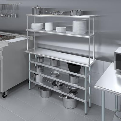 14" x 60" Stainless Steel Work Table with 3 Shelves and 12" Wide Double Tier Overshelf