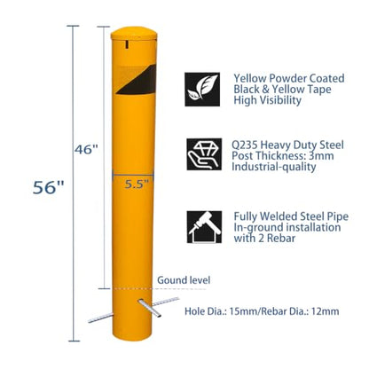 56" High 5-1/2" OD Steel Bollard Post Underground Mount, Cap Removable Safety Bollard Yellow Powder Coat, Metal Bollard Parking, Safety Barrier