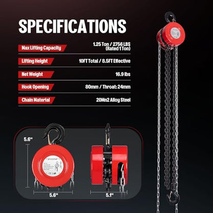 Hand Chain Hoist 1 Ton 2200 Lbs Capacity 10 Feet with 2 Hooks