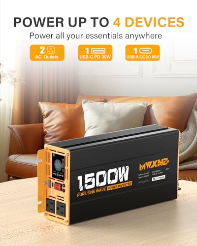 1500W Pure Sine Wave Power Inverter 12V DC to 110V 120V AC Converter with 2 AC Outlets