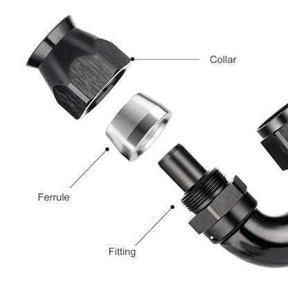 6AN 180 Degree PTFE One Piece Full Flow End Hose Fitting Aluminum Black