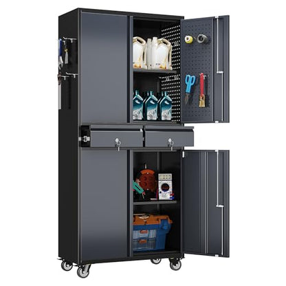71" Rolling Metal Garage Cabinet with 2 Drawers and Pegboard Doors