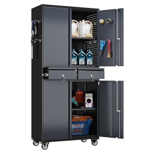 71 Inch Metal Garage Cabinet with 2 Drawers and Pegboard Doors