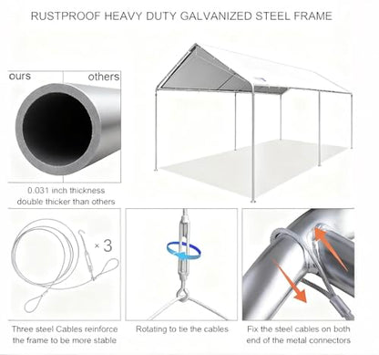10'x20' Carport Heavy Duty Galvanized Car Canopy with Included Anchor Kit