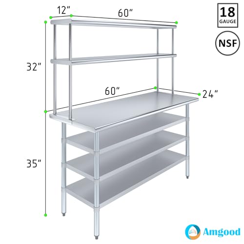 24" x 60" Stainless Steel Work Table with 3 Shelves and 12" Wide Double Tier Overshelf