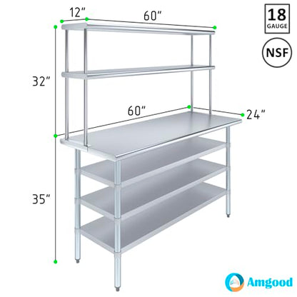 24" x 60" Stainless Steel Work Table with 3 Shelves and 12" Wide Double Tier Overshelf