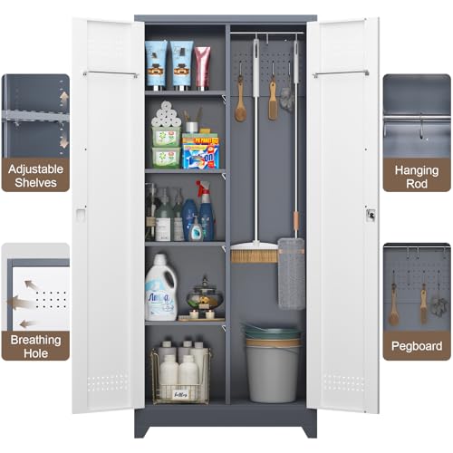 72'' Metal Utility Storage Cabinet with Pegboard & Tool Hanging Bars