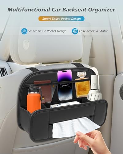 5-in-1 Car Backseat Organizer, Premium Leather Headrest Seat Back Storage Pocket with Cup Holder, Foldable Hanging Car Tissue Holder 1 Pack